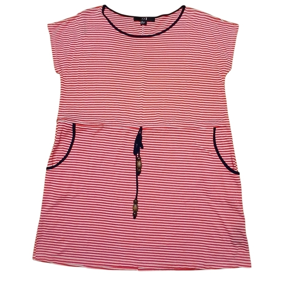 Forever 21 Red White Striped Casual Cap Sleeve Crew Neck Mini Dress Blue Trim
